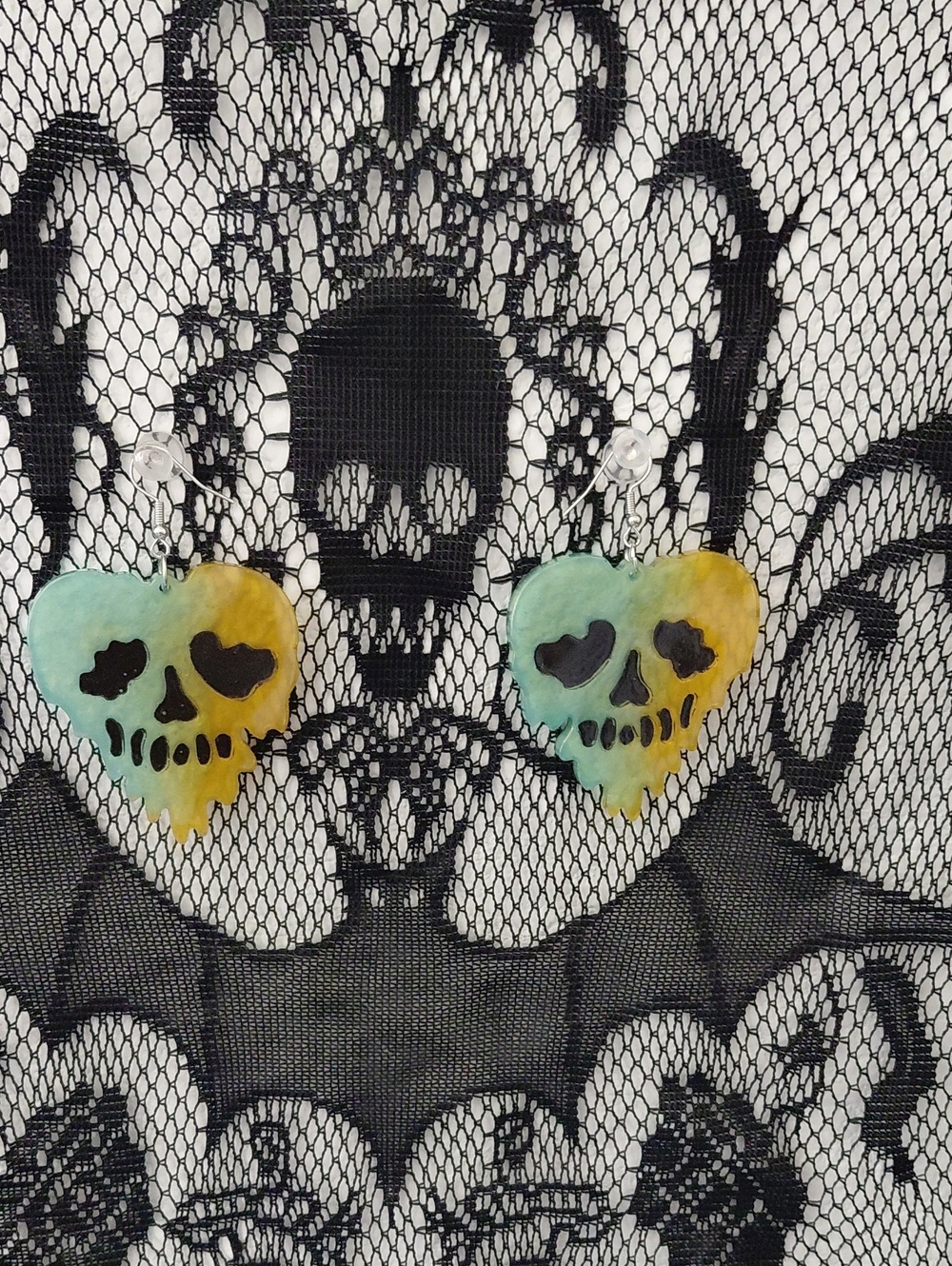 Handmade Halloween Heart Skull Drop Earrings